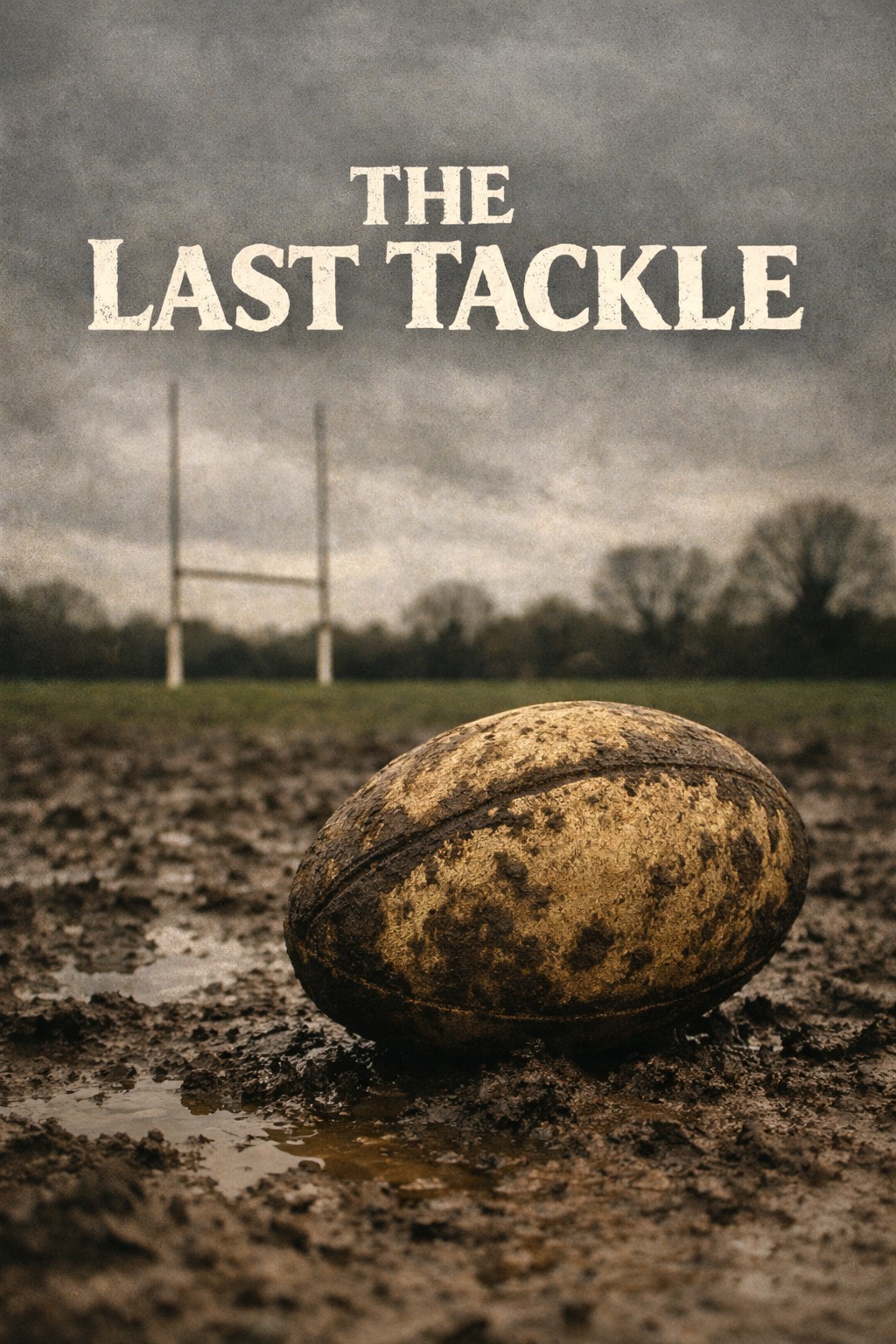 The Last Tackle poster: a rugby ball on a muddy pitch beneath the goal posts