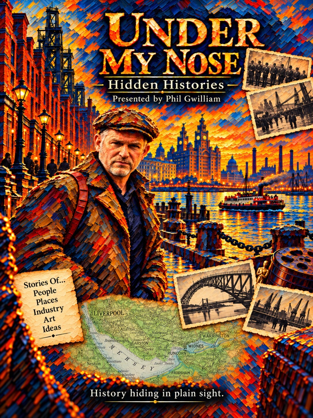 Under My Nose: Hidden Histories illustrated poster featuring Phil Gwilliam and North West landmarks